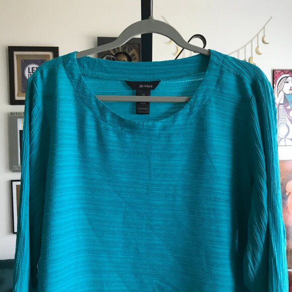 ALI MILES size 1X Blue Textured Artsy Stretch Jersey 3/4 Sleeve Tunic Lagenlook - Picture 2 of 6
